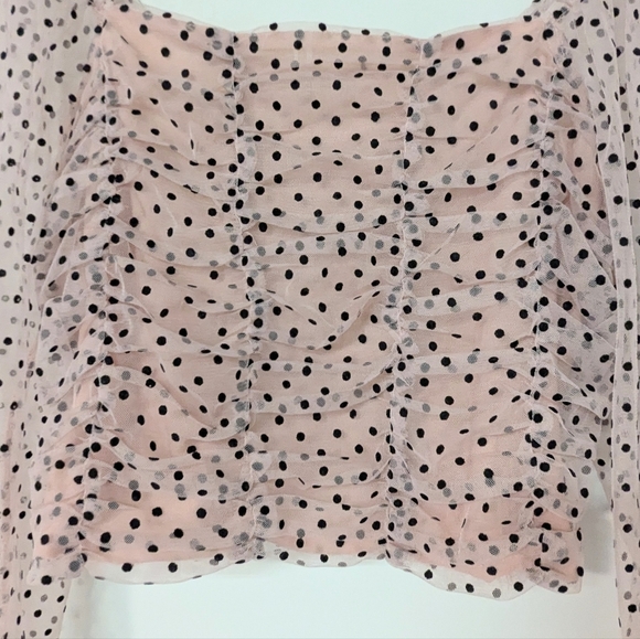 🟡 7. Cotton Linen Blend Soft Pink Polka Dot  Crop Top Sheer Sleeves - Picture 2 of 9
